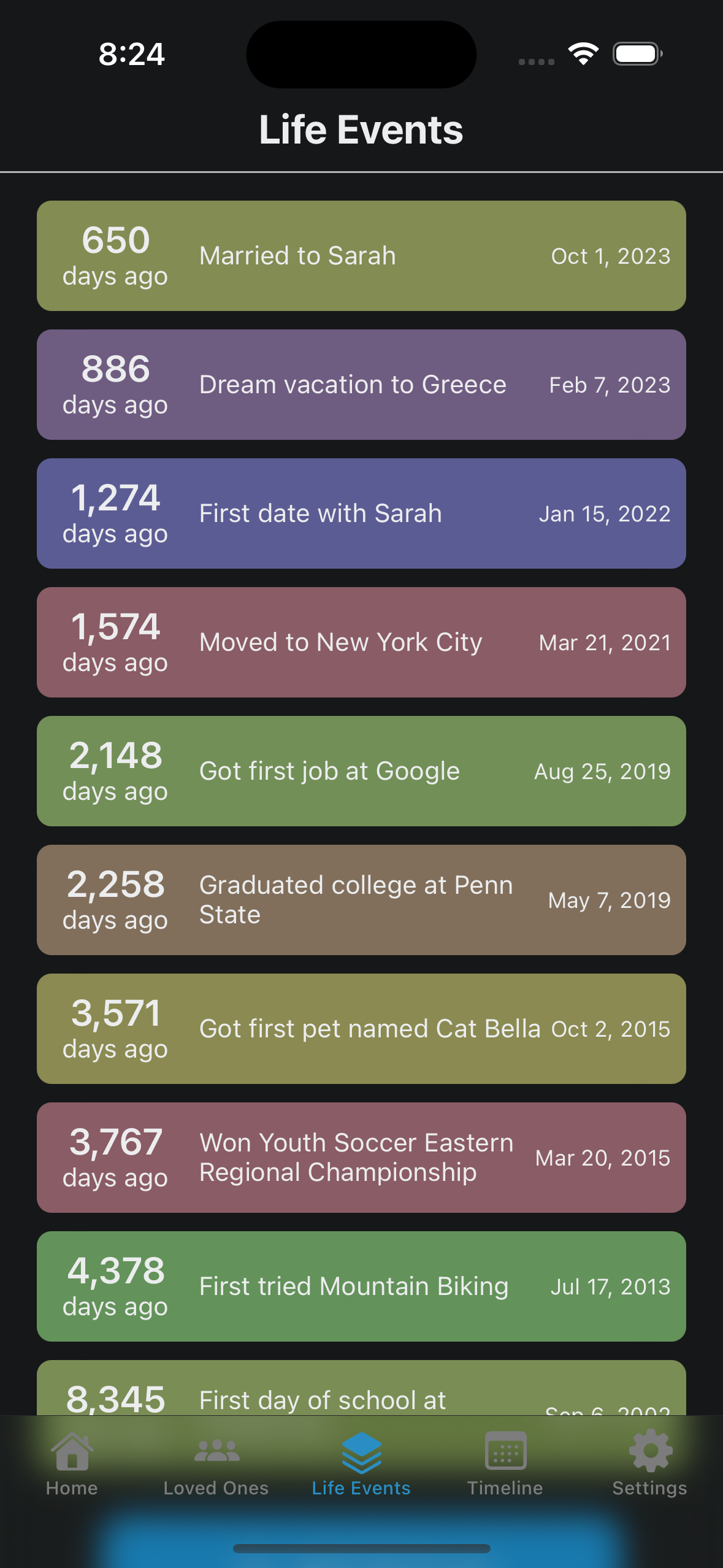 Life events tracking